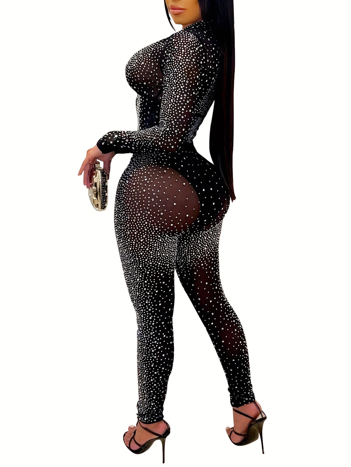 Chic Rhinestone-Embellished V-Neck Long Sleeve Top & Pants Set for Women - Sexy, Semi-Sheer Polyester Blend, Perfect for Spring/Summer, Sexy Style, Spring/Summer
